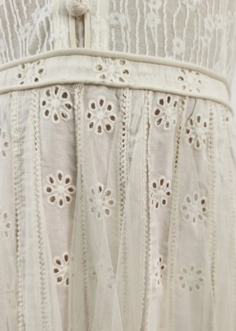 White Embroidered Hollow Out Tulle Long Dress Summer