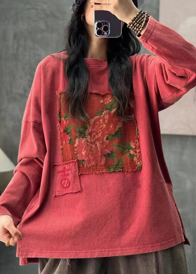 Red O Neck Applique Cotton T Shirt Tops Long Sleeve
