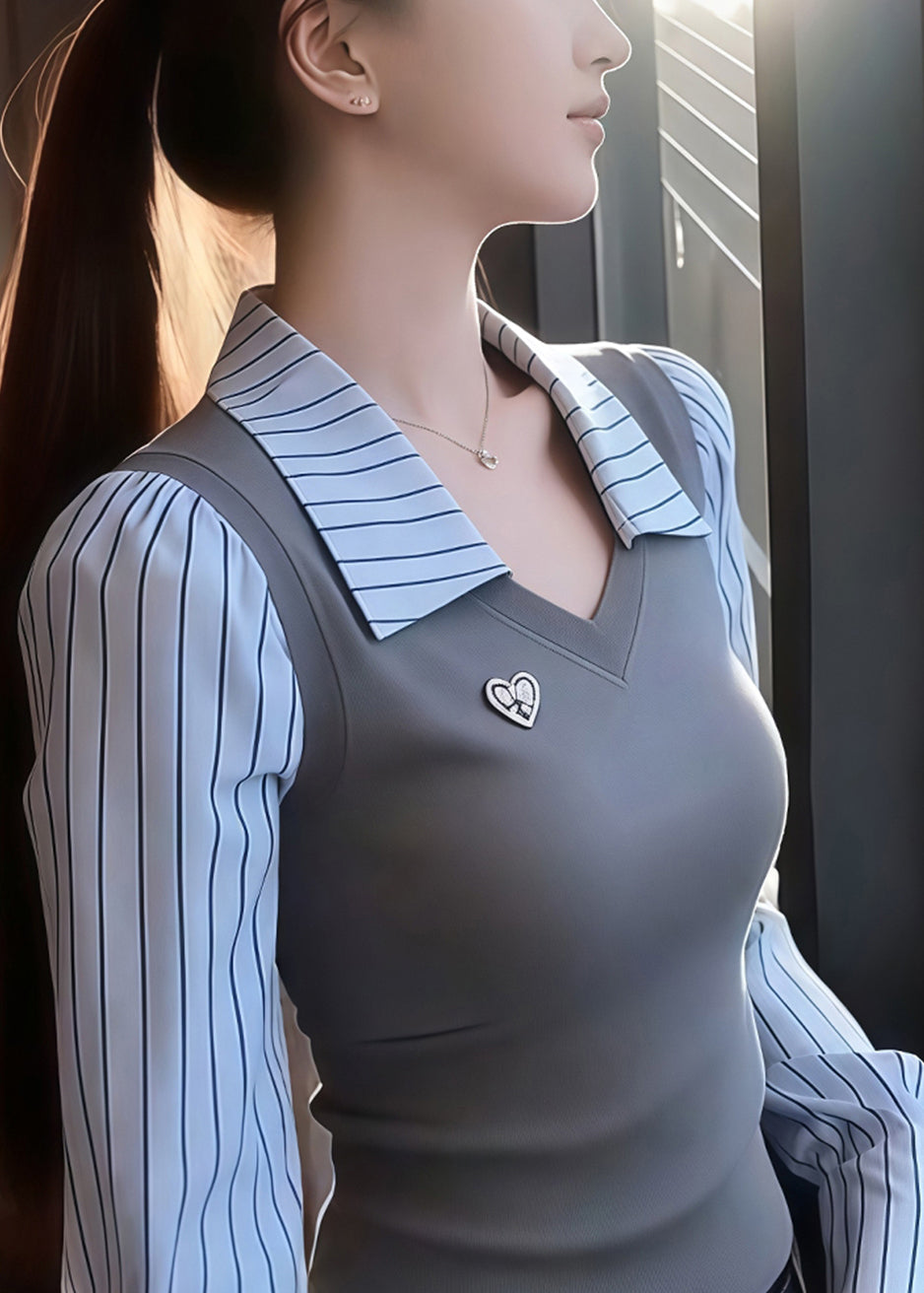 Slim Fit Grey Striped False Two Pieces Patchwork Knit Sweaters Spring