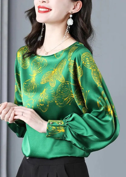 Green O-neck Butterfly Print Silk Tops Long Sleeve