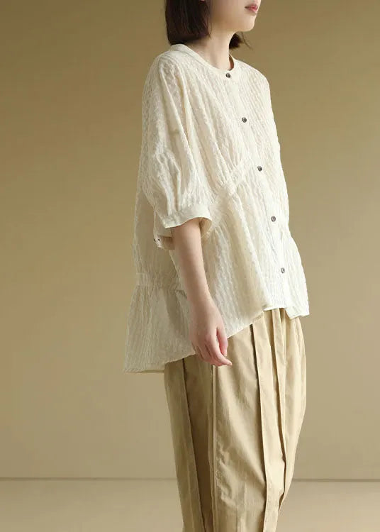 Beige O-neck Oversized Wrinkled Shirt Top Bracelet Sleeve