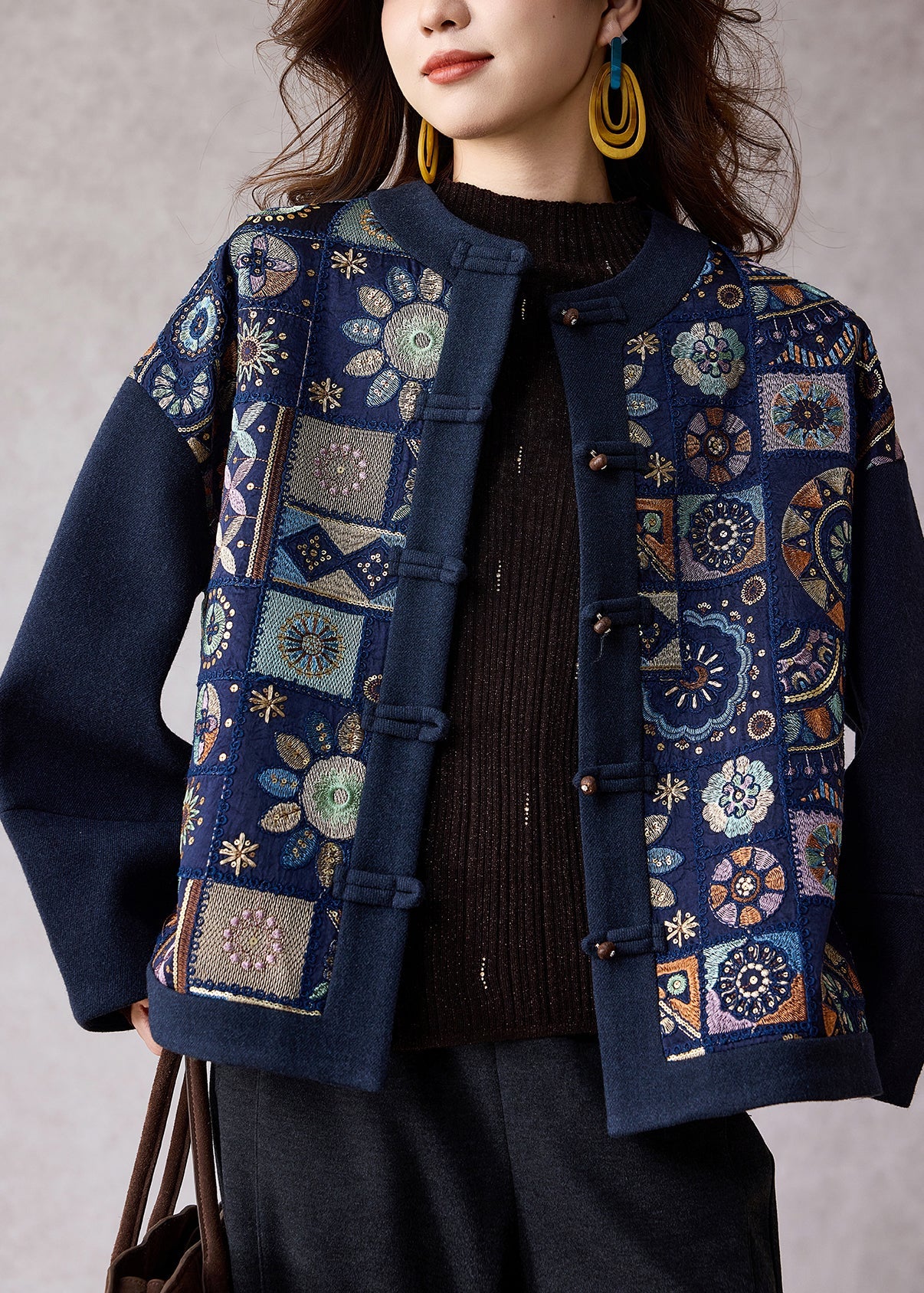 Diy Navy Embroidered Patchwork Woolen Jacket Spring