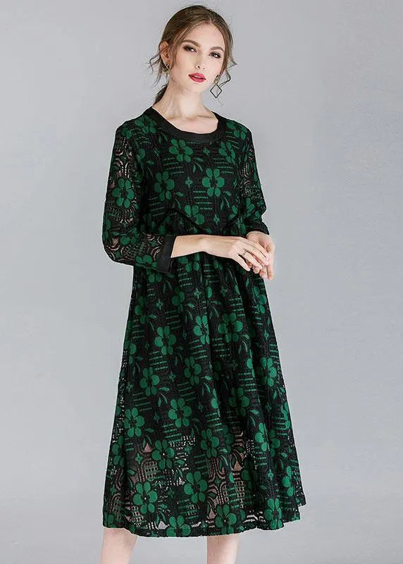 Fitted Green Hollow Out Jacquard Spring Long Sleeve Mid Dress