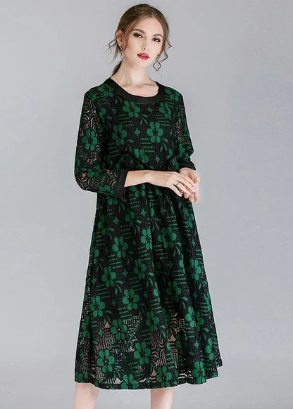 Fitted Green Hollow Out Jacquard Spring Long Sleeve Mid Dress
