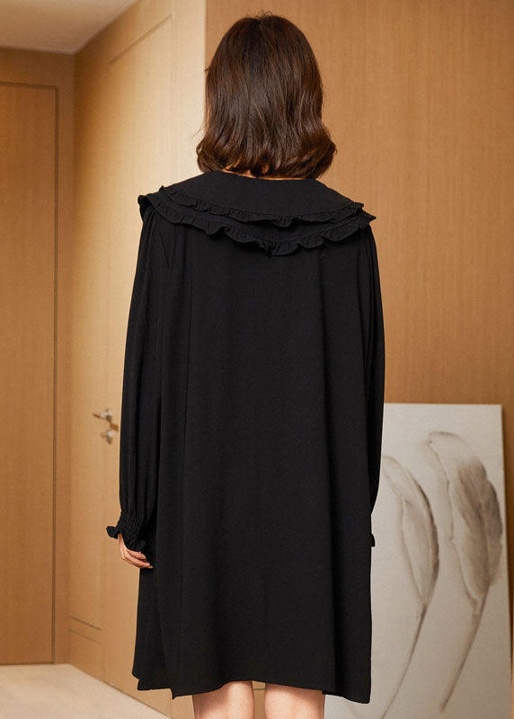 Black Double-layer Collar Lace Up Cotton Mid Dress Spring