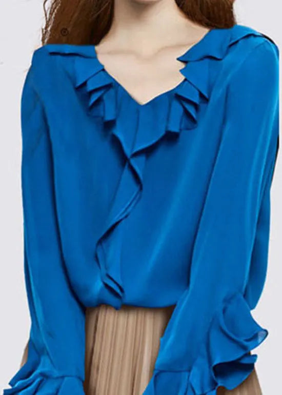 Blue V Neck Ruffled Chiffon Shirt Top Long Sleeve