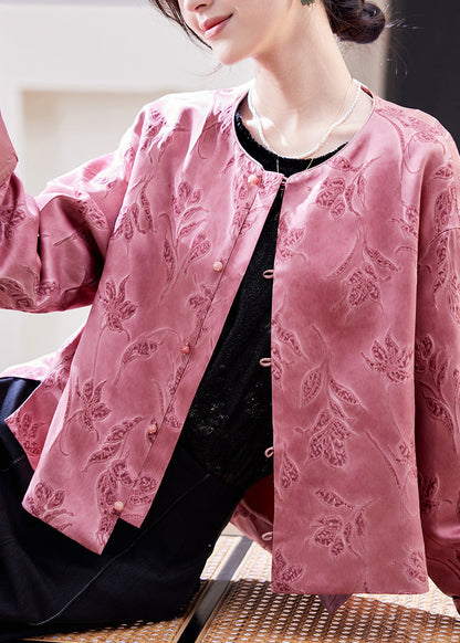 Chinese Style Pink O-neck Print Coats Batwing Sleeve