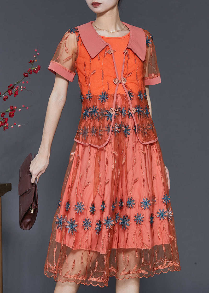 Orange Embroidered Patchwork Tulle Dresses Two Piece Set Summer