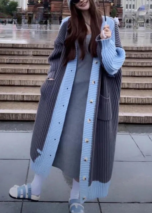 Grey Blue V Neck Pockets Button Knit Loose Cardigan Fall