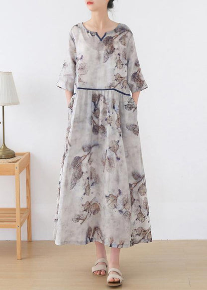 Blue Print V Neck Summer Ramie Vacation Dresses