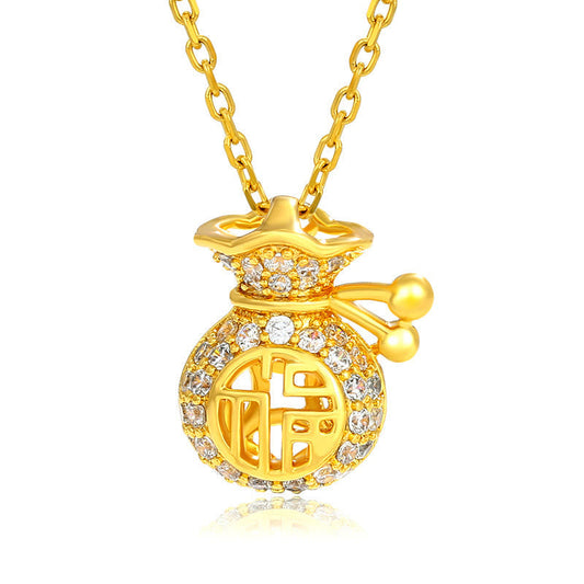 24k Gold Plated Fu Character Fortune Money Bag Necklace