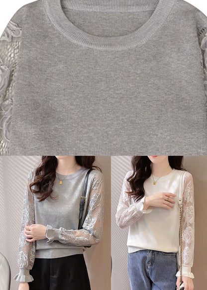White O-neck Hollow Out Tops Long Sleeve