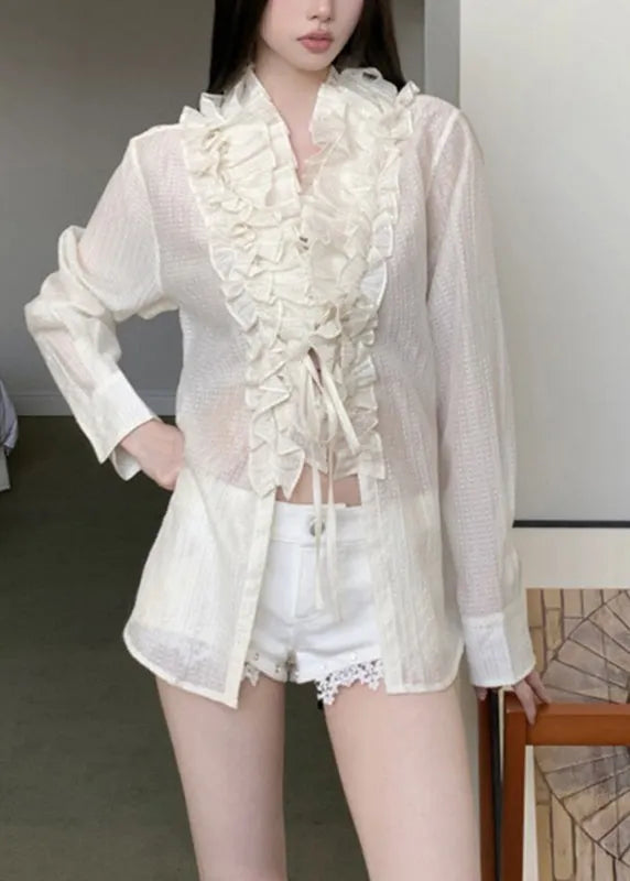 Beige Tie Waist Top Ruffled Long Sleeve