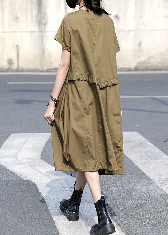 Khaki O Neck Ruffled Patchwork Cotton Dress Summer