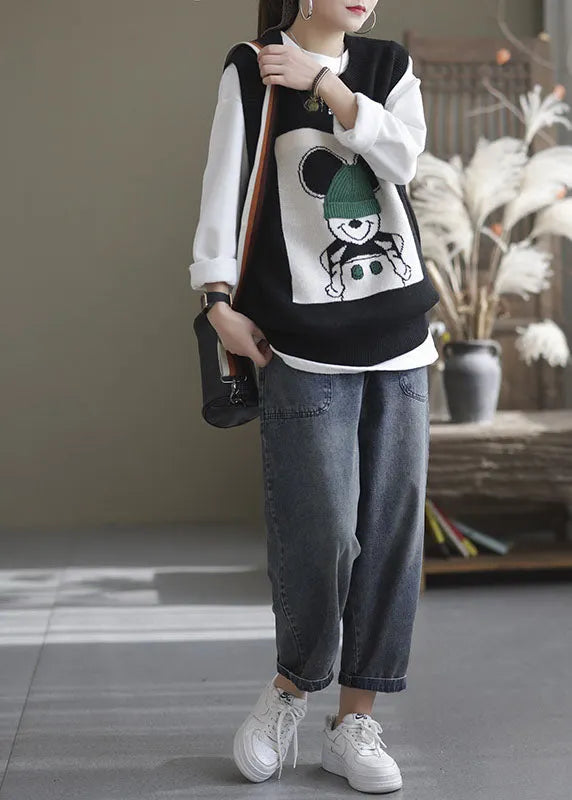 Black O-neck Animal Knit Vest Sleeveless