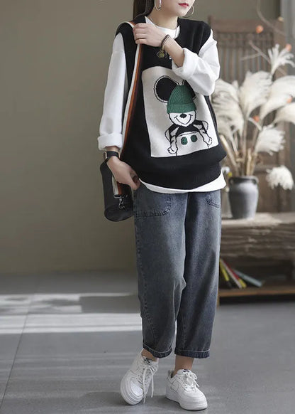 Black O-neck Animal Knit Vest Sleeveless
