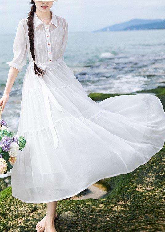 Simple White Tie Waist Long Sleeve Party Summer Chiffon Dress