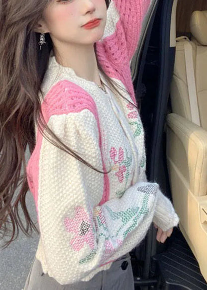 Diy Beige Embroideried Hollow Out Button Fall Sweater