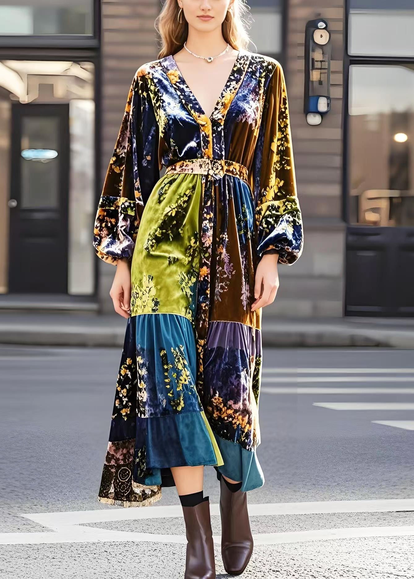 Modern Brown V Neck Print Silk Velour Dresses Spring