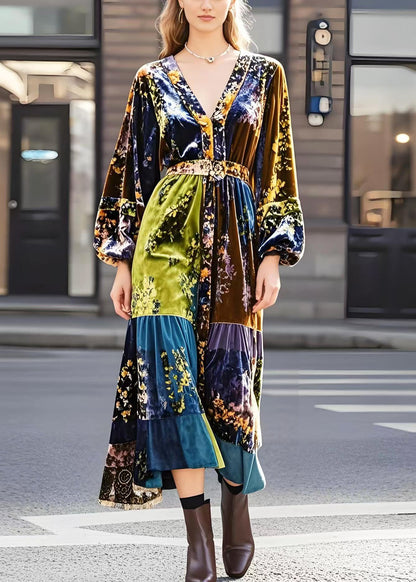 Modern Brown V Neck Print Silk Velour Dresses Spring