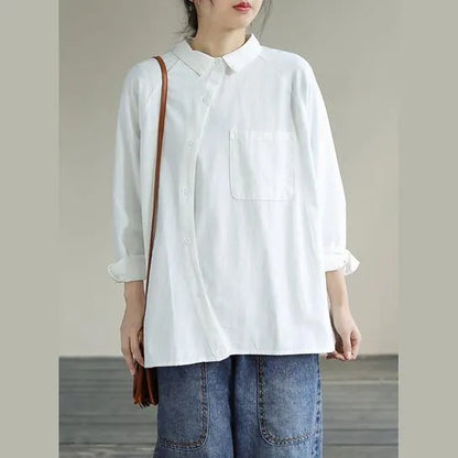 Organic White Tops Blouses Lapel Pockets Loose Spring Blouses