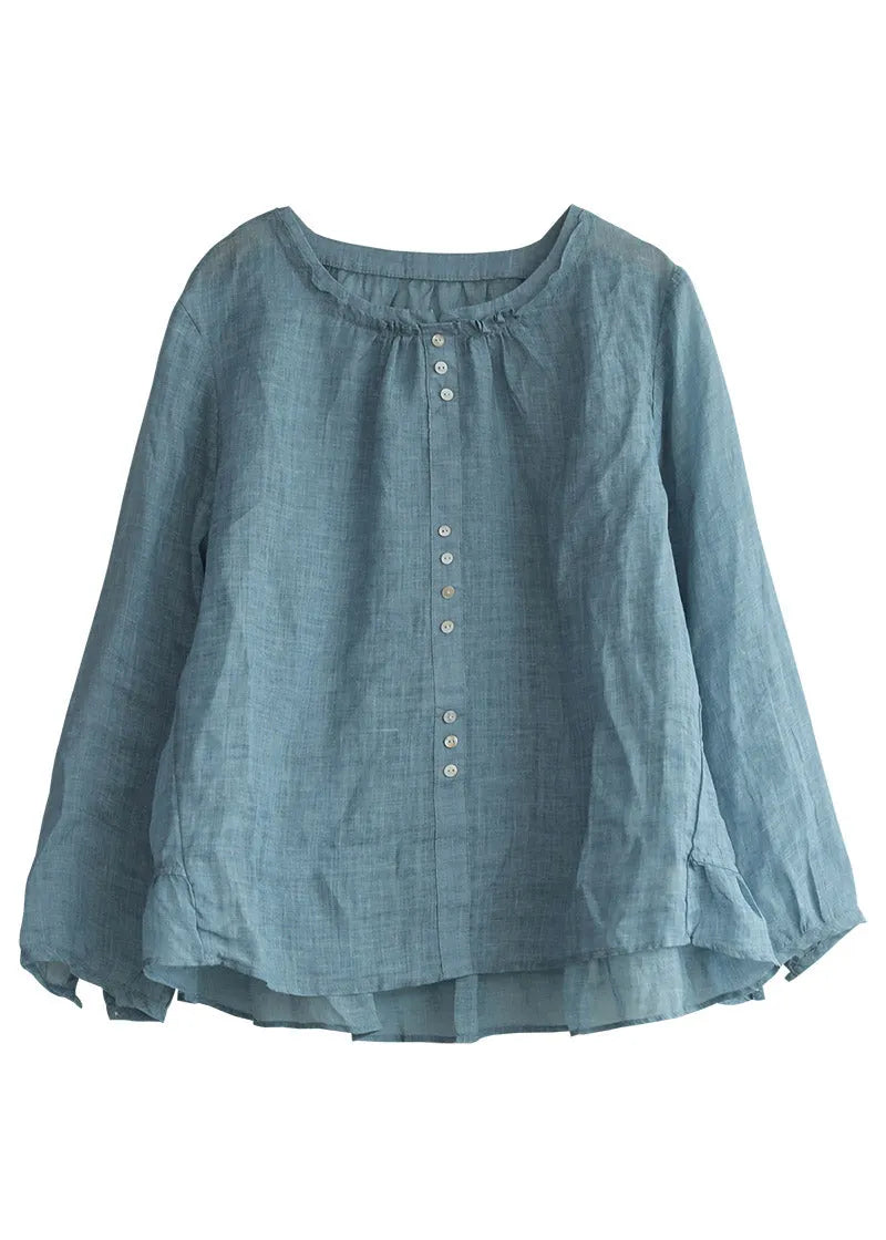 Blue Linen Shirt Top Button Ruffled Long Sleeve