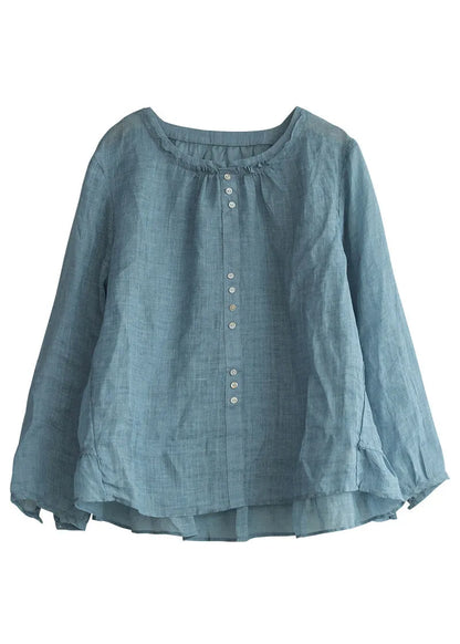 Blue Linen Shirt Top Button Ruffled Long Sleeve