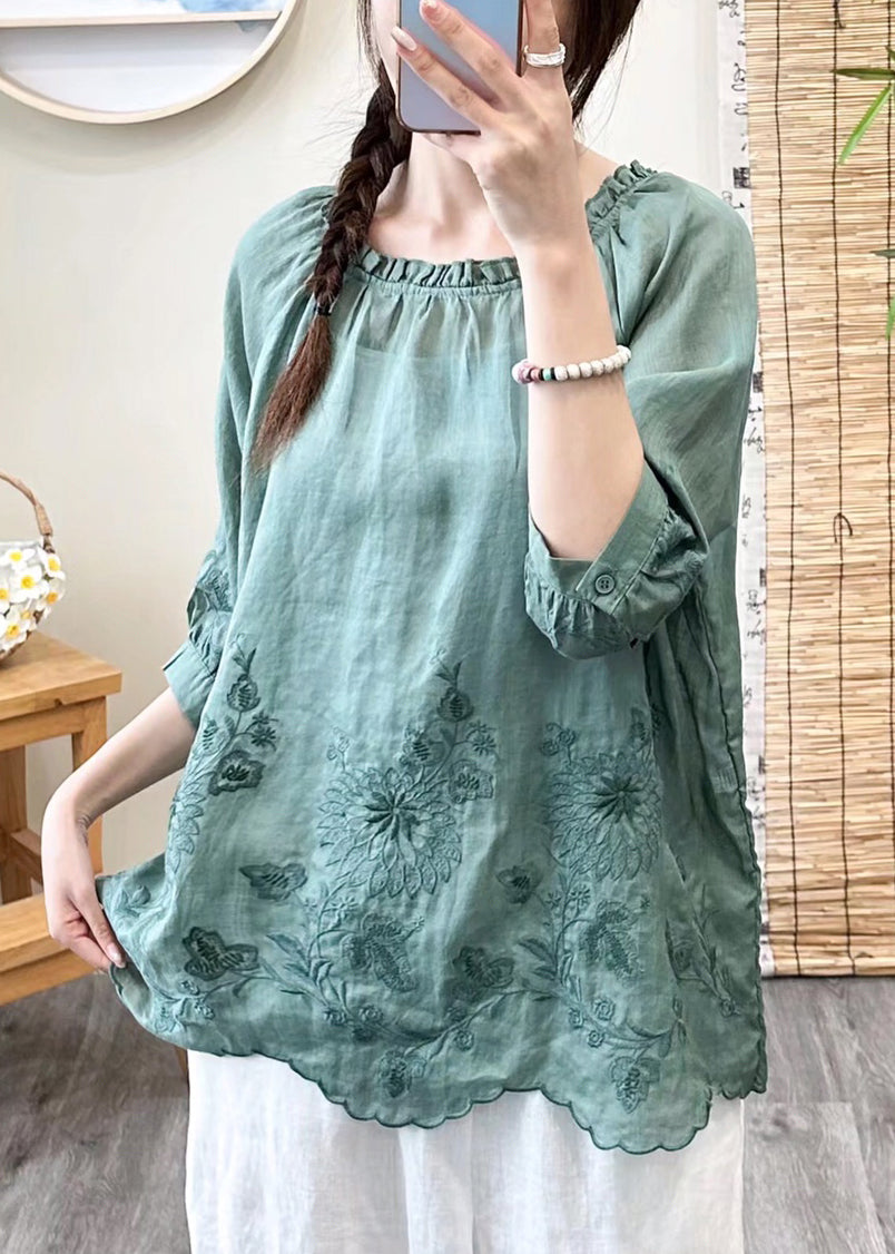 Brief Green O-neck Embroideried Ruffled Patchwork Linen Top Fall