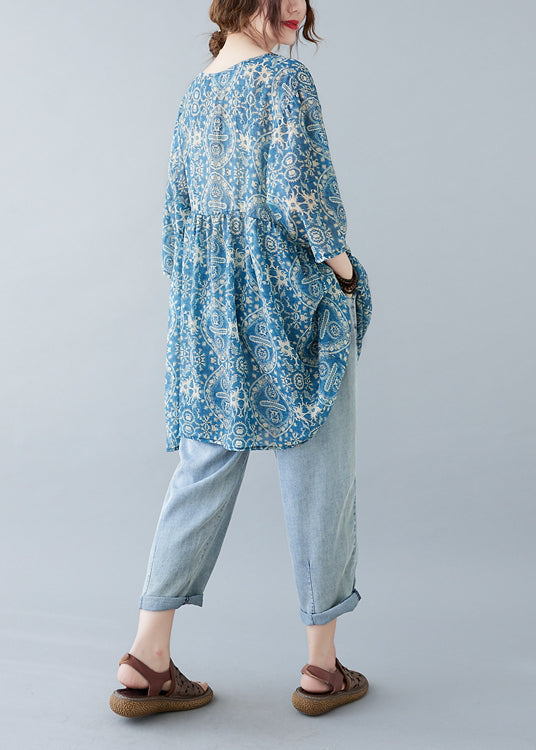 Blue Oversized Print Linen Mini Dresses Summer