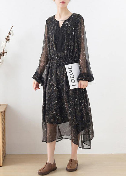 Fine Black Print Chiffon Tie Waist Summer Long Dresses