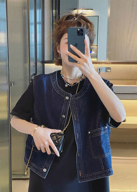Navy O-neck Pockets Cotton Denim Vests Sleeveless