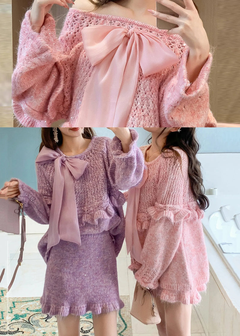 Pink Patchwork Knit Two Pieces Set Ruffled Bow Spring