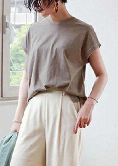 Brief Camel O-neck Side Open Cotton T Shirt Short Sleeve