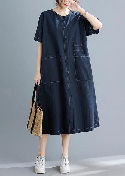 Blue Pockets Short Sleeve Maxi Summer Cotton Dress