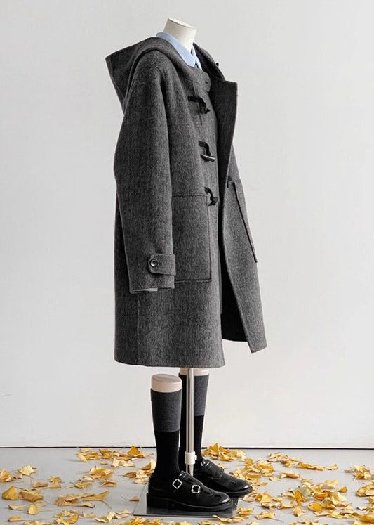 Grey Hooded Pockets Woolen Coats Winter