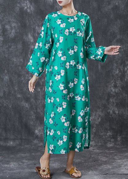 Green Print Side Open Cotton Long Dresses Spring