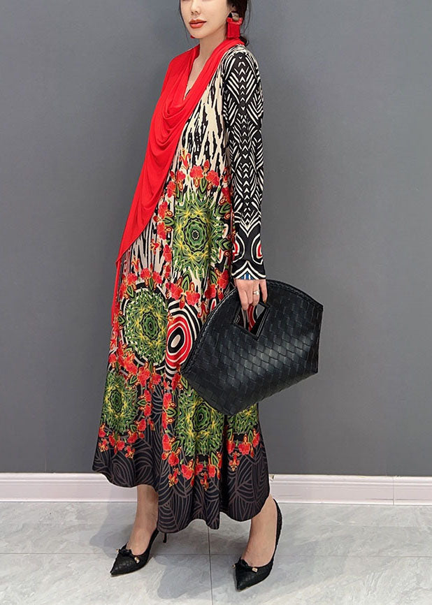 Red Asymmetrical Patchwork Print Maxi Dress Spring