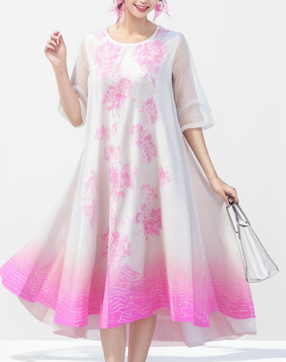 Loose Pink O-neck Print Silk Long Dress Summer