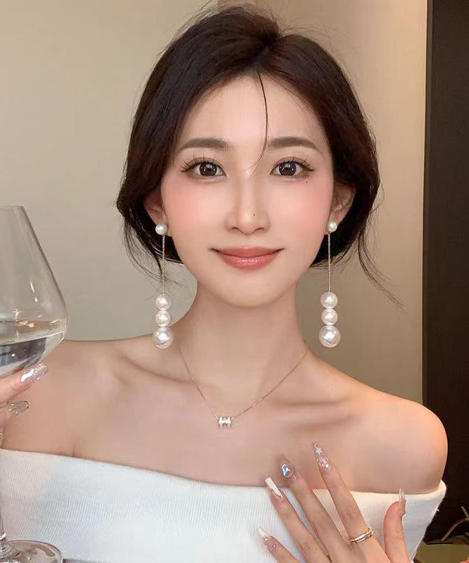 White Sterling Silver Overgild Pearl Tassel Drop Earrings