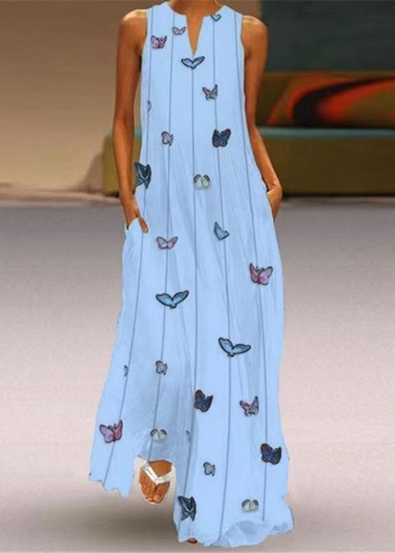 Purple V Neck Print Long Dress Summer