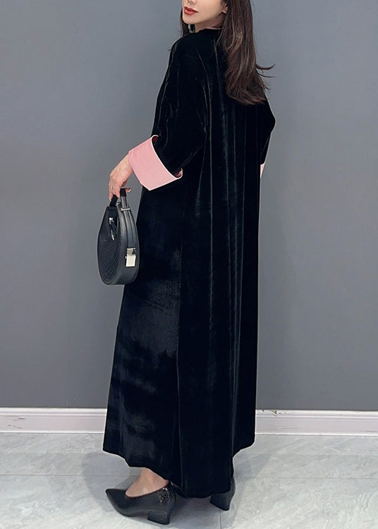 Black Lace Up Side Open Patchwork Velour Long Dress Fall