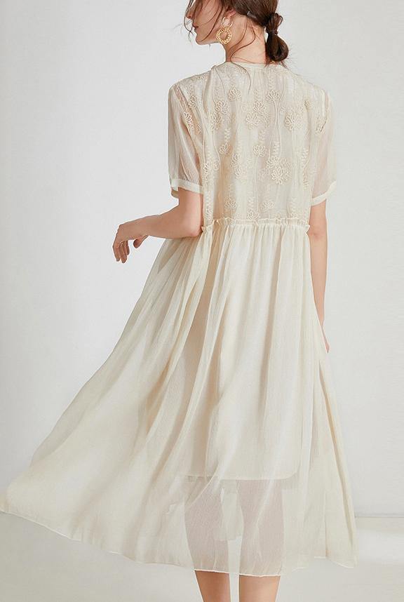 Beige Print Chiffon Asymmetrical Design Summer Maxi Dresses