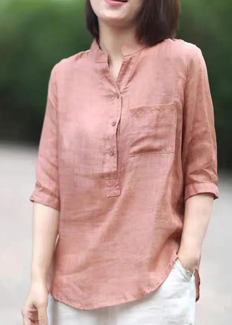 Pink Stand Collar Pockets Linen Blouses Top Half Sleeve