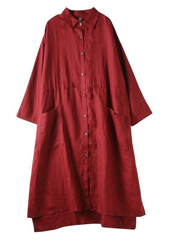 Red Linen Shirt Dress Oversize Spring Maxi Dresses