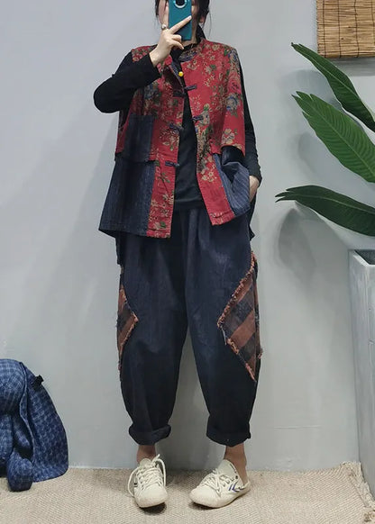 Red Stand Collar Chinese Button Patchwork Print Cotton Vest Sleeveless