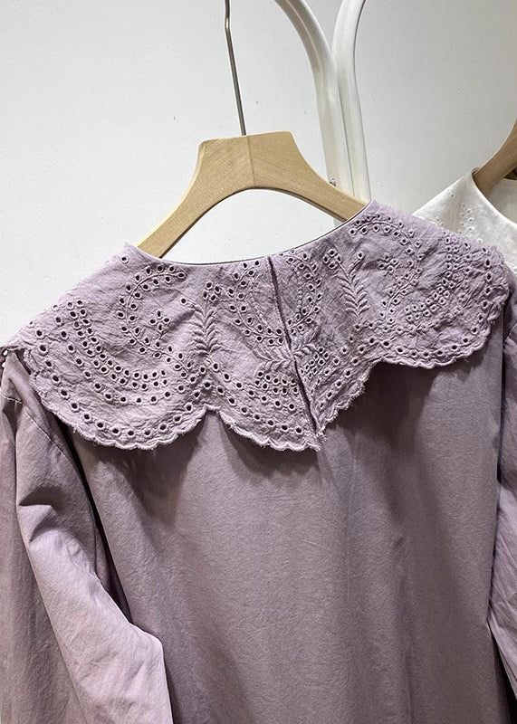 Purple Ruffled Hollow Out Cotton Blouse Tops Spring