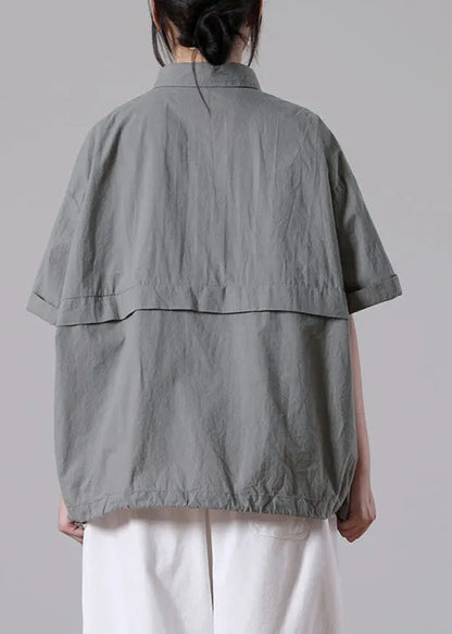 Grey Oversized Pockets Color Cotton Shirts Short Sleeve