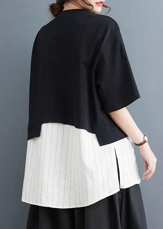 Black Striped Patchwork Fake Two Pieces Top Short Sleeve