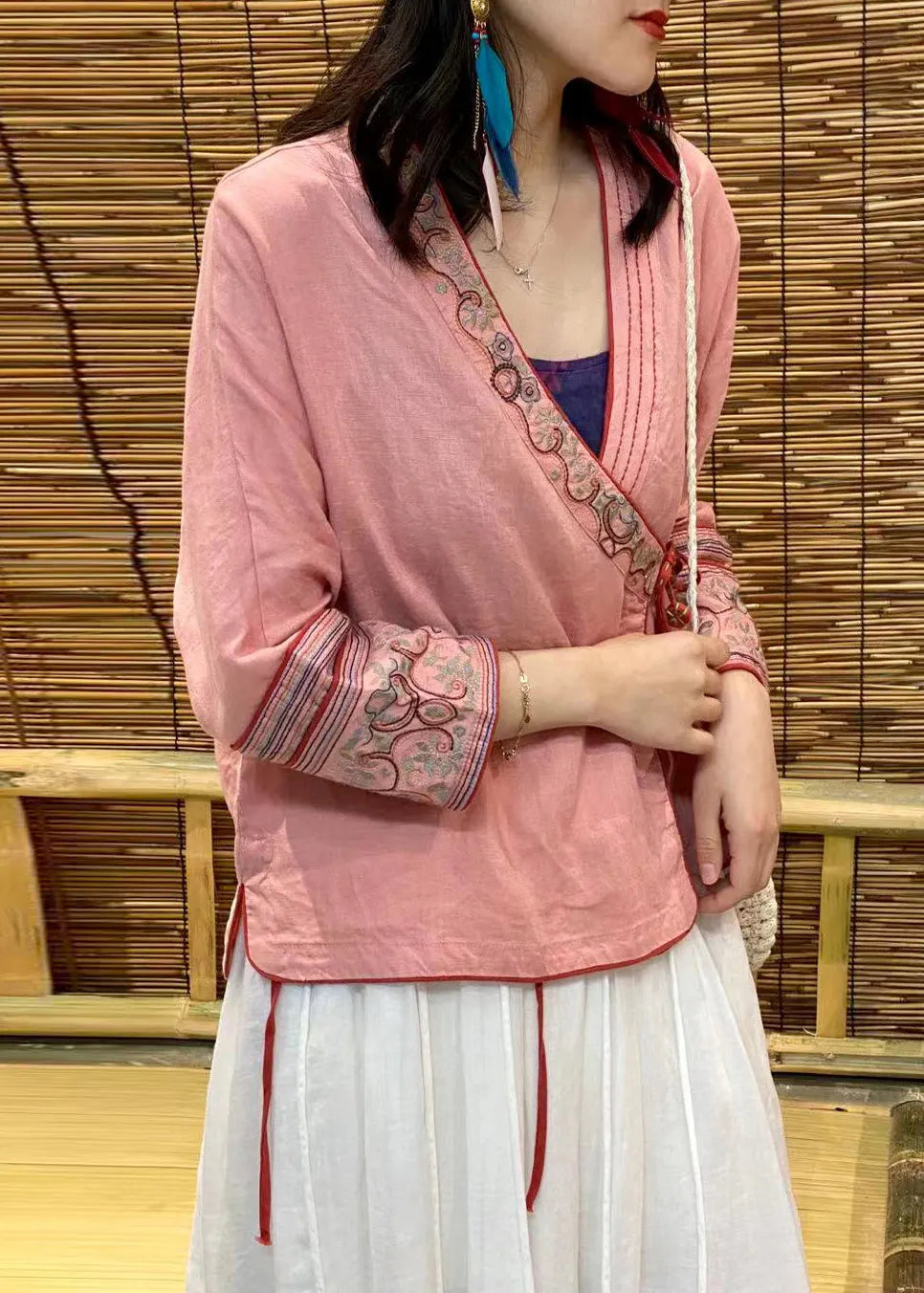 Modern Pink V Neck Embroideried Linen Tops Long Sleeve