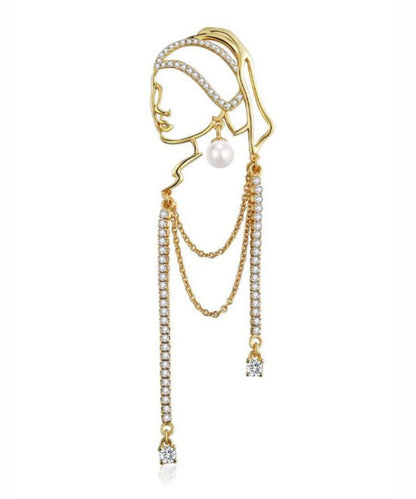 Modern Gold Alloy Zircon Girl With a Pearl Earring Tassel Brooches